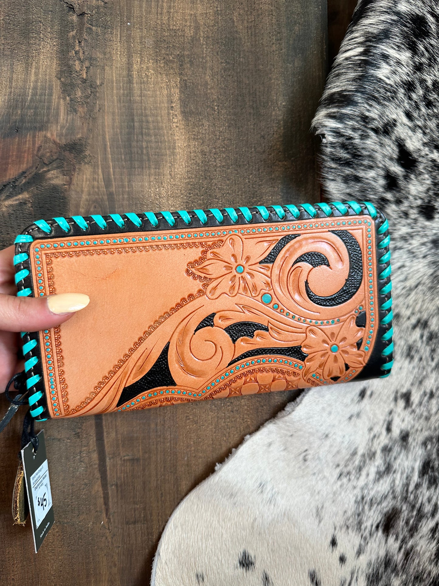 leather tooled turquoise wallet